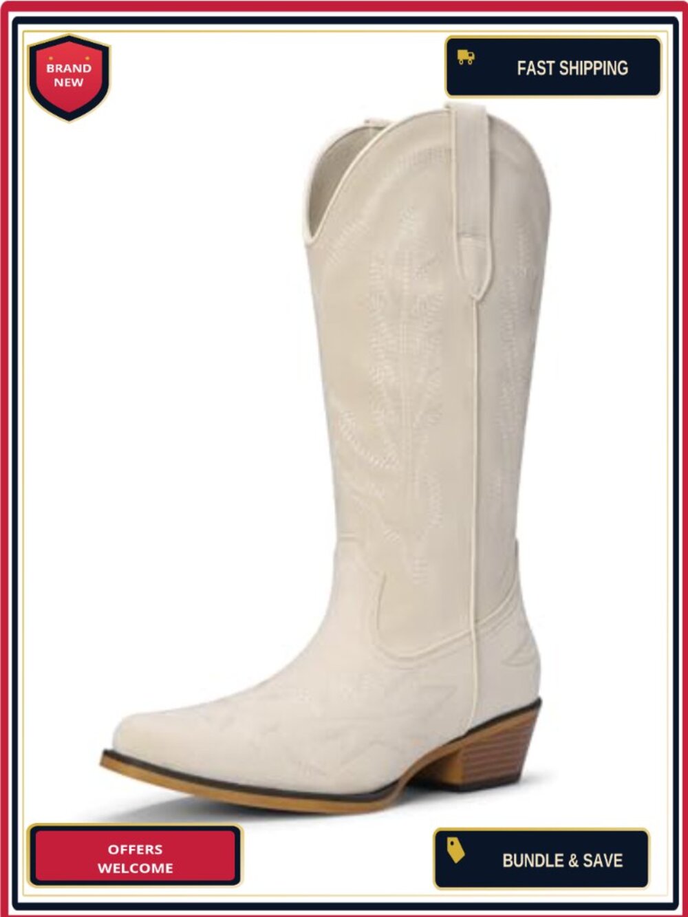 Cream Western-Style Women’s Heeled Cowboy Boot